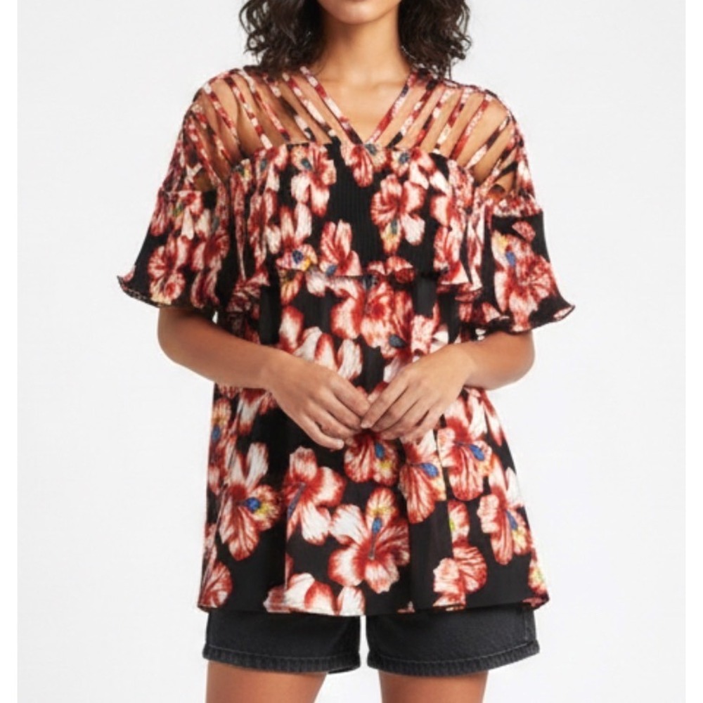 ENTRO BLOUSE TOP Hawaiian Floral ACCORDION PLEATS Ruffle Cage Strappy Shoulder L